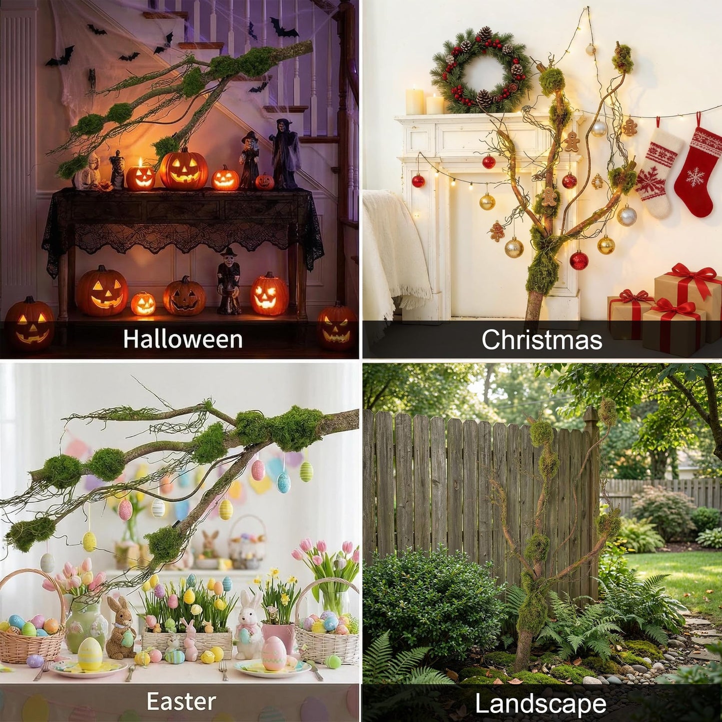 55inch Large Artificial Tree Branches Trunk Faux Moss Jungle Vine Thick Woodsy Tree Twigs Giant Bendable Creepy Green Plants for Wall Hanging Yard Mantel Forest Shelf Theme Party Halloween Decor