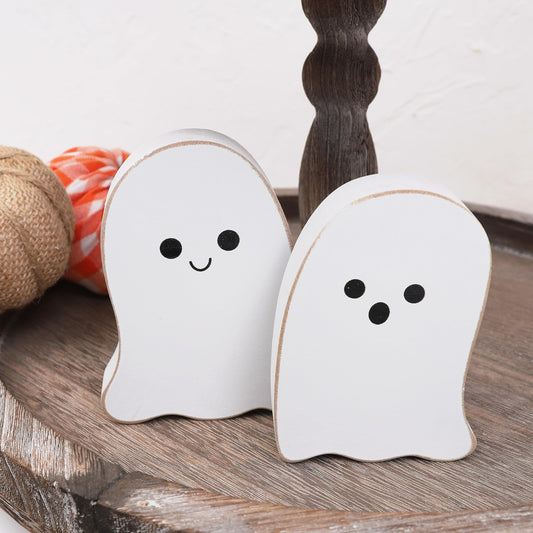 2 Pieces Halloween Decorations Wood Halloween Ghost Sign - Halloween Tiered Tray Decor, Distressed Wood Standing Ghost Sign for Halloween Party, Halloween Table Decor