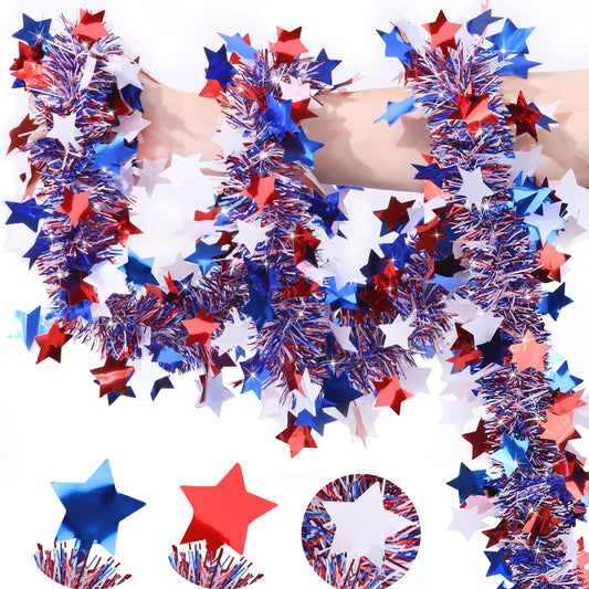 50FT Patriotic Tinsel Garland Red White and Blue Decorations, 4th of July Star Garlands for Memorial Day Decor Independence Day Outdoor Indoor Home Office Classroom Party Decor Supplies