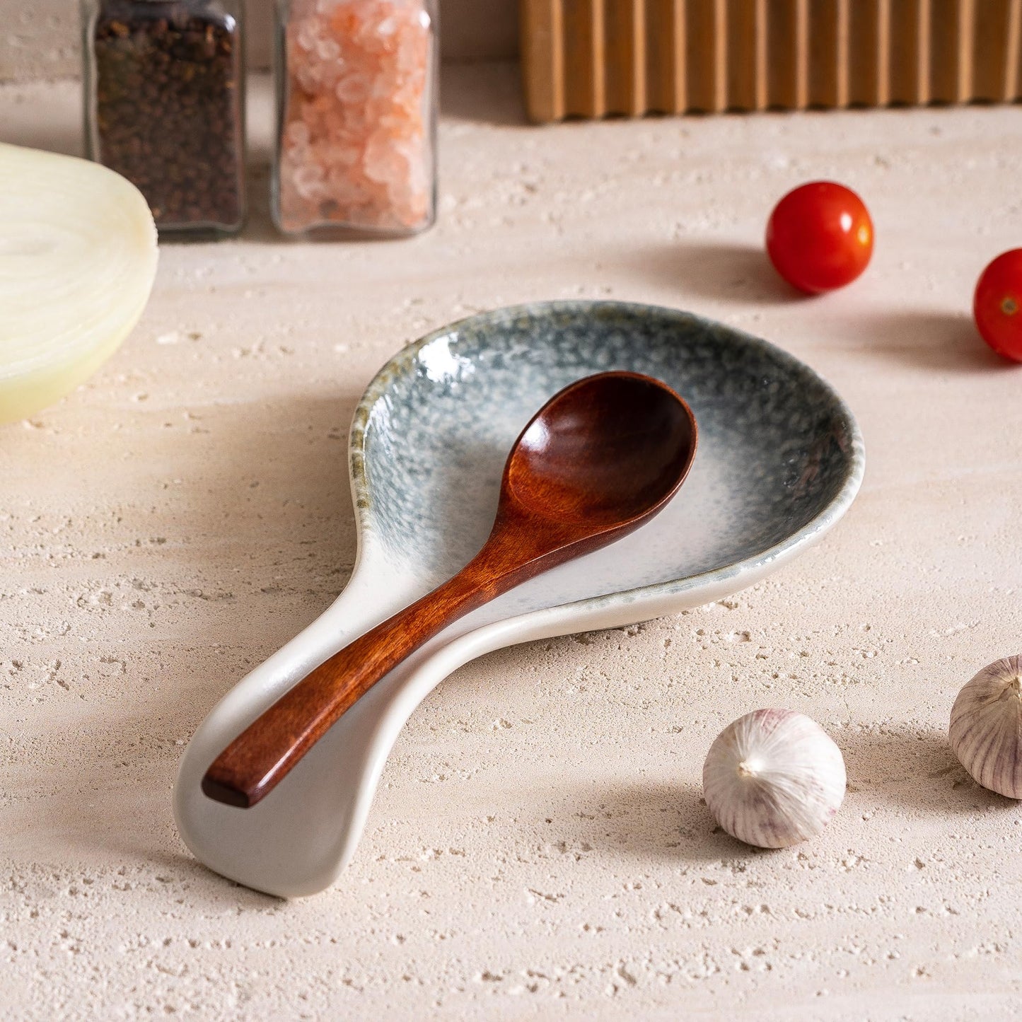 Ceramic Spoon Rest for Stove Top, 8 Inches Large Spoon Holder for Kitchen Counter, Porcelain Utensil Rest, Housewarming Christmas Gift, Dishwasher Safe Heat-Resistant, Ice-Flecked Smoke White(1 PC)