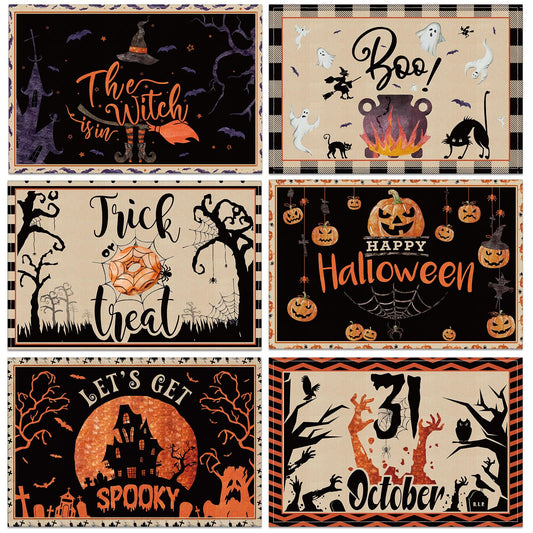 Umigy 6 Pcs Halloween Placemats 12"x18" Gothic Bat Placemats Kitchen Decoration Washable Witch Place Mats Rectangle Skull Table Mats for Halloween Dining Table Accessories(Classic)