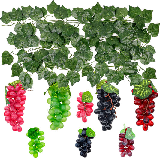 Quancru Artificial Grapes Leaves Vines 6 Strands & Fake Grape 8 Bunches Simulation Red Black Purple Green Fruit Photography for Indoor Outdoors Wedding Party Cabinet Garland Ornament Wall Decortion