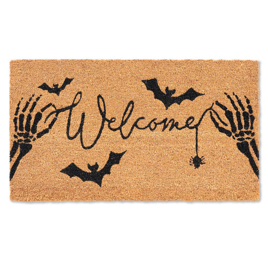 Halloween Welcome Coir Doormat 17"x30", Outdoor Front Door Mat with Bats Skeleton Hands and Spider Design, PVC Non Slip Backing, Fall Halloween Welcome Mat for Front Porch Entryway Decor