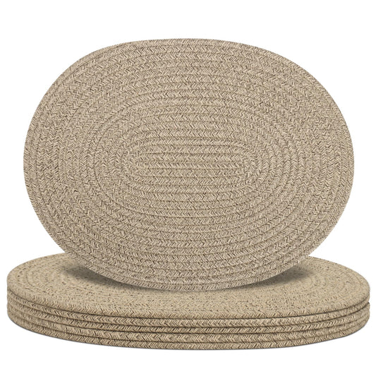 Oval Woven Placemats Set of 6, Boho Cotton Rope Braided Table Mats, 17x13 Inches Non Slip Heat Resistant Place Mats for Dining Room, Thick Hot Pads for Farmhouse Kitchen Table Decor. (Brown)