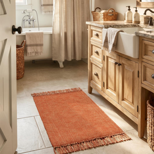 Collive Small Bathroom Rug 2' x 3', Modern Farmhouse Kitchen Mat Hand-Woven Washable Entryway Rugs, Reversible Low Profile Front Door Mat Terracotta Fall Carpet for Porch Back Bedroom Decor