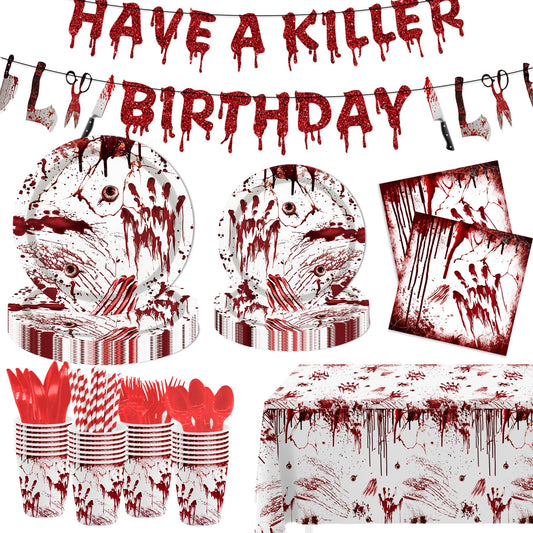 MEHOFOND Killer Birthday Decoration, 194PCS Halloween Scream Party Tableware Decorations Include Have a Killer Banner Bloody Hand Print Plates Napkins Tablecloth for Horror Themed Birthday Supplies