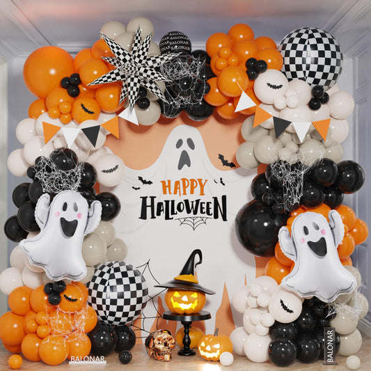 Spooky Dude Halloween Balloon Garland Arch Kit with Pastel Sand Orange Black Latex Balloons Set Ghost 4D Checkered Foil Balloons for Boo Im Two One Birthday Party Decor (Black)