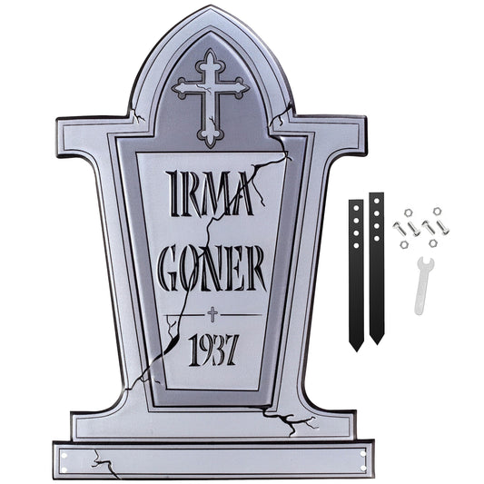 3-D Metal Halloween Ghost XL 17" Tombstone w Stakes -IRMA GONER- Durable, Rustproof, UV Raised Printing- Upgrade Your Haunted House Mansion Cemetary Lawn Decor- No More Flimsy Foam Graveyards
