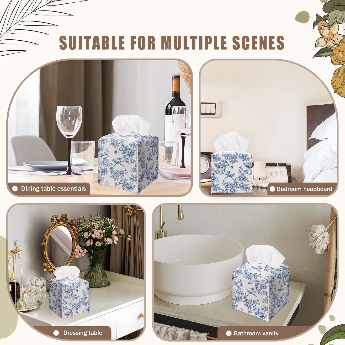 Blue Flower and Bird Decorative Square Leather Tissue Box Cover - Tissue Holder Gifts for Women and Friends on Birthday Housewarming Home Decor Decorative for Bathroom Kitchen Office Car - A08