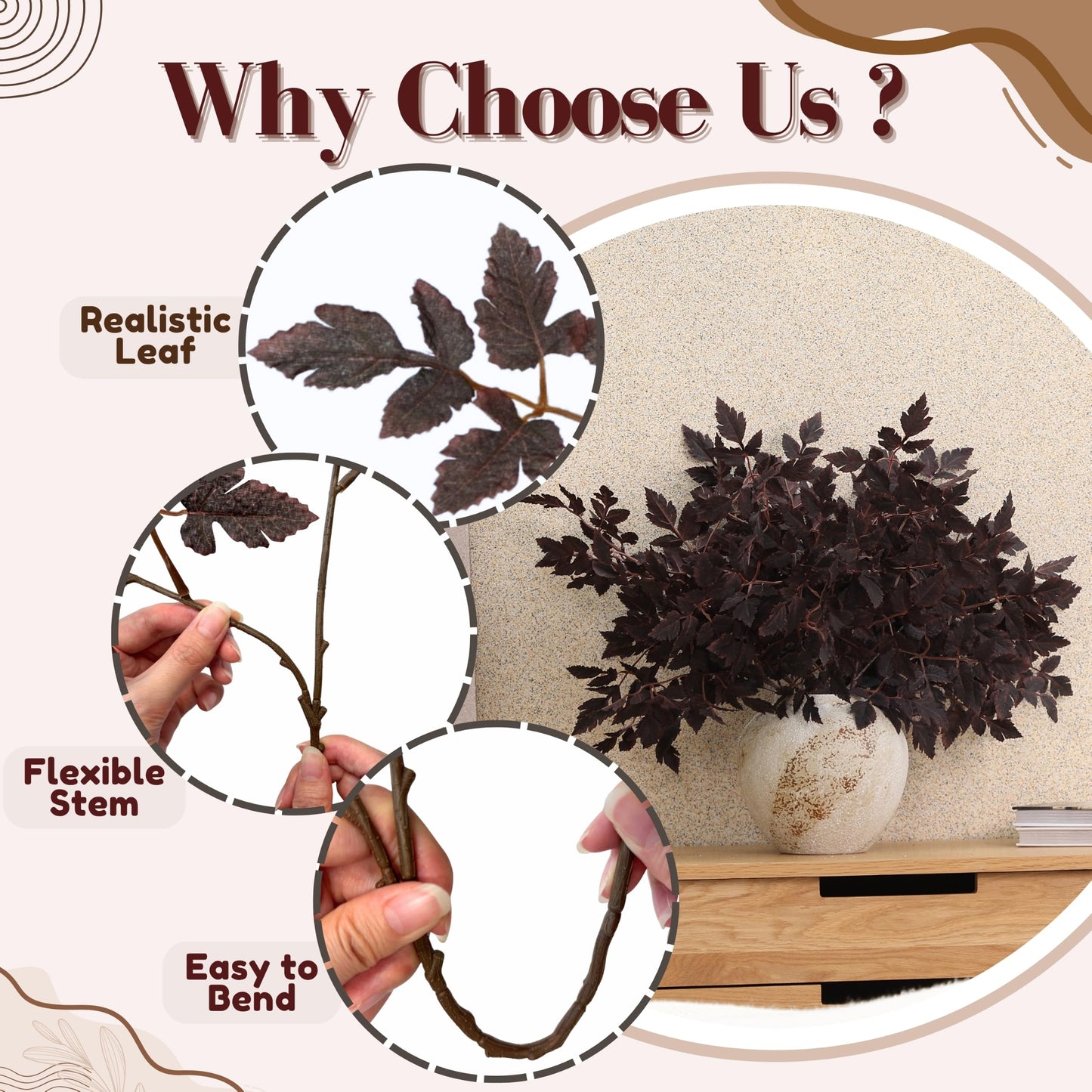 PERFNIQUE 6 Pack Artificial Plum Cimicifuga Leaf Sprays, 24" Faux Ramosa Branches for Vase, Fall Floral Stems for Table Centerpiece, Farmhouse, Wedding, Mantel, or Halloween Decor