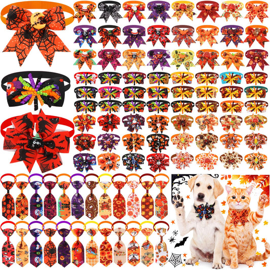 Huhumy 100 Pcs Halloween and Thanksgiving Day Dog Bow Tie Collar Bulk Adjustable Pet Bow Tie Dog Neckties Collars for Small Medium Pet Grooming Accessories Puppy Supply
