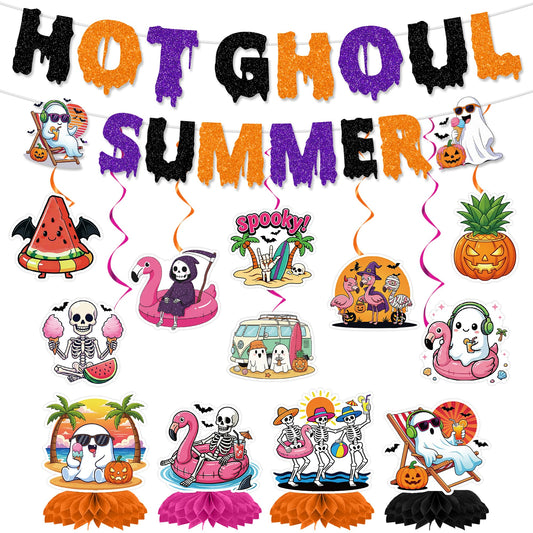 RUBOAOA Summerween Party Decorations, 14 Pcs Hot Ghoul Summer Decor with Banner Hanging Swirl Honeycomb Centerpieces, Tropical Spooky Ghost Skeleton Halloween Decor for Summer Beach Pool Luau Birthday