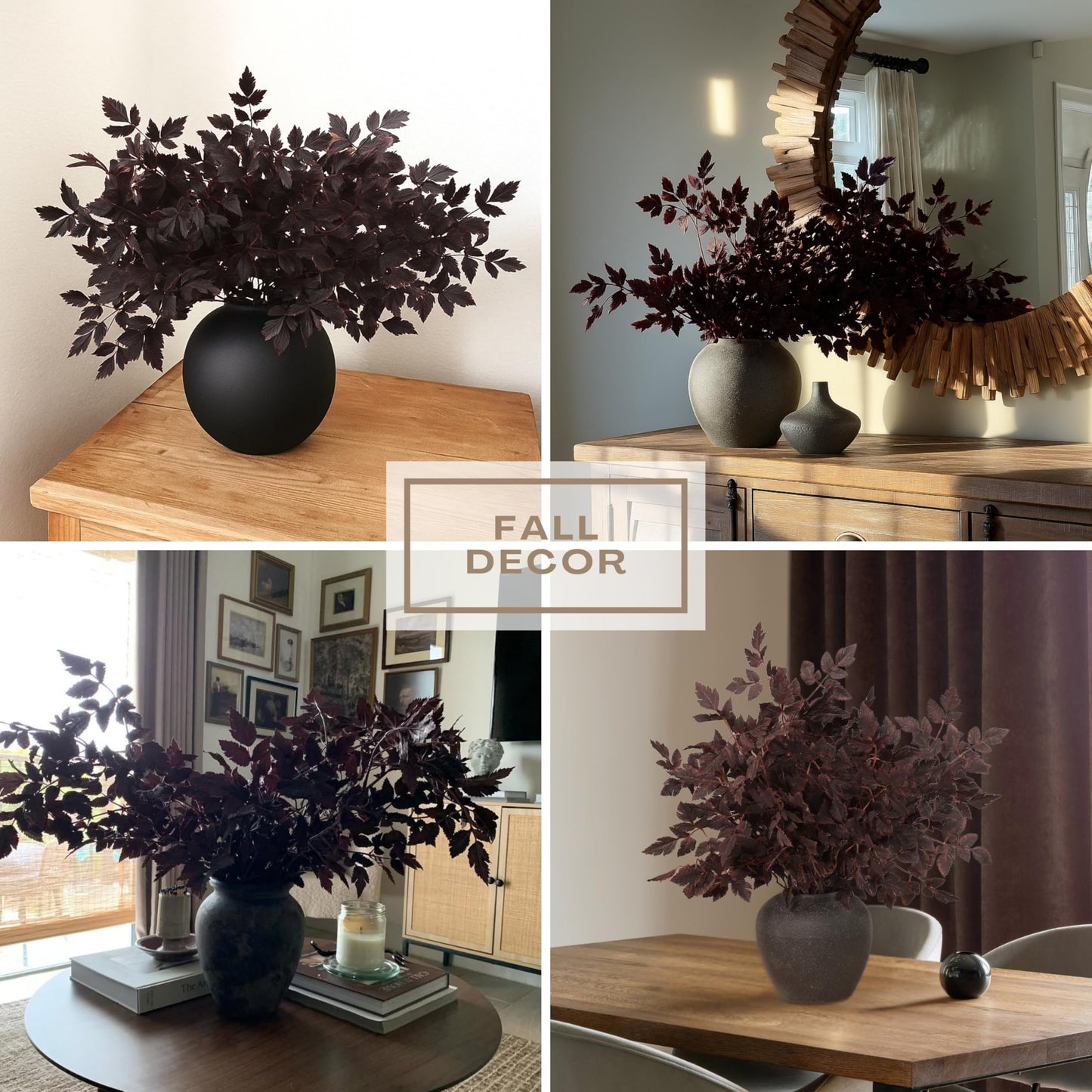 PERFNIQUE 4 Pack Artificial Plum Cimicifuga Leaf Sprays, 24" Faux Ramosa Branches for Vase, Fall Floral Stems for Table Centerpiece, Farmhouse, Wedding, Mantel, or Halloween Decor