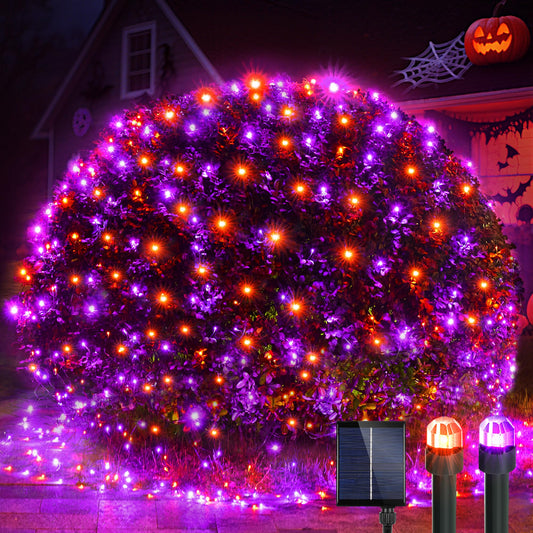WBao Solar Halloween Lights Outdoor 200LED F8 Big Bulbs, 8.4ft x 5.2ft Orange Purple Net Lights with Remote, 8 Modes, Timer, Connectable, Waterproof & Dark Green Wire for Lawn, Bushes Halloween Decor