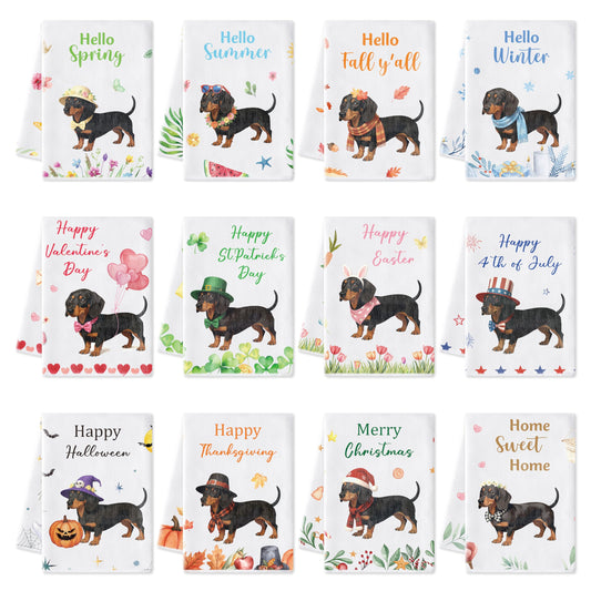 WATINC Seasonal Kitchen Hand Towels - 12pcs Dish Tea Towel Set for Home Kitchen Bathroom Holiday Decorative, Fun Wash Cloth Dishcloth for Summer Fall 4th of July Halloween Decor Gift (Dog Style)