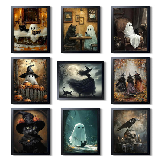 XYHYRA Halloween Wall Art Canvas Prints Set of 9, Dark Academia Wall Decor Painting, Ghost Cat Printed Poster, Gothic Spooky Aesthetic Picture for Gallery Living Room Bedroom Decor 8x10 inch Unframed