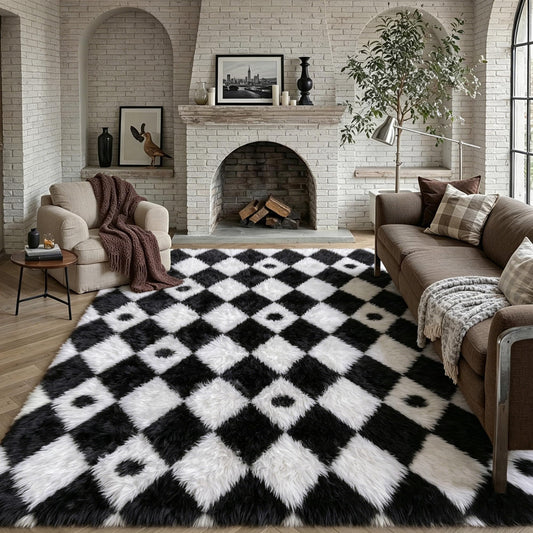 PureCozy Checkered Rug 6x9 Fluffy Shag Living Room Black and White Area Rug Modern Washable Carpet Soft Shaggy Non Slip Indoor Plush Fuzzy Rugs for Bedroom Dorm Office Home Aesthetic Decor
