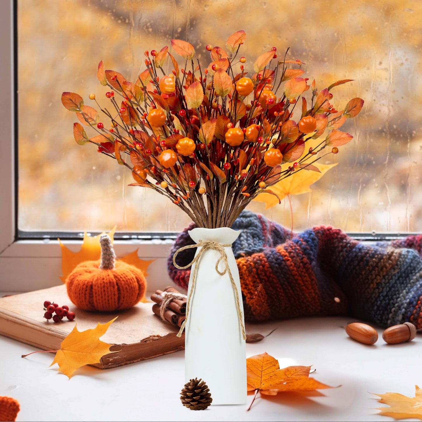 WSTPUPU Artificial Fall Picks 12PCS Fall Berry Stems 17inch Autumn Pumpkin Picks with Berry Pumpkin for Vases Centerpieces Autumn Harvest Festival and Thanksgiving Day