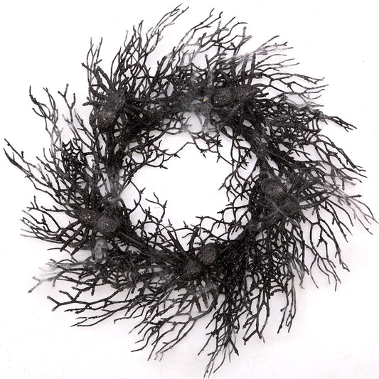 Skrantun 18 Inch Halloween Wreath Black Wreath with Spiders and Webs Door Wreath with Halloween Decorations for Halloween Party and Holiday Decorations