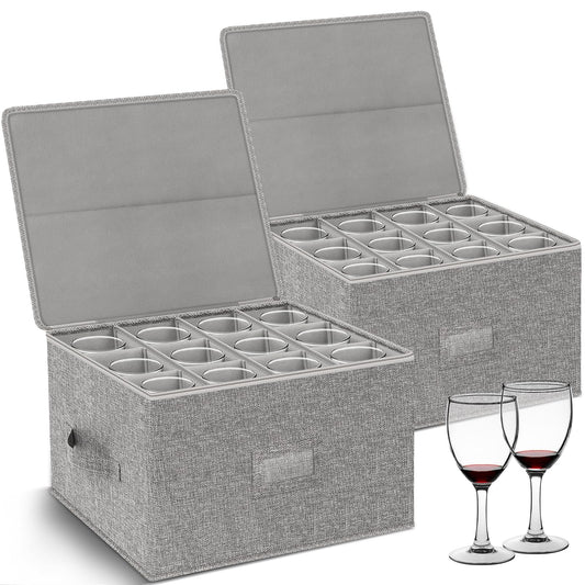 Wine Glass Storage Box with Dividers, 2-Pack Stemware Storage Containers w/Hard Shell Top Sides Bottom, Stackable Moving Boxes w/ Sturdy Handles for 24 Glassware Crystal Glasses Drinkware, 9.2'' Tall