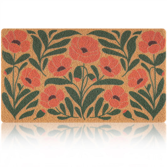 Fttoyoly Spring Door Mat for Front Door, Welcome Matt Outdoor with California Poppies Design, Cute Boho Doormat Indoor Entrance, Perfect for Spring Porch Decor, 17" x 29.5" - Orange