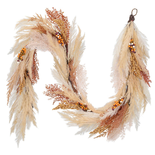 DecorbyHannah Fall Garland for Mantle with Lights, 6ft Pre-Lit Light Up Artificial Faux Pampas Grass Garland with Pine Branch Berry Thanksgiving Decor for Indoor Home Table Mantle Decoration