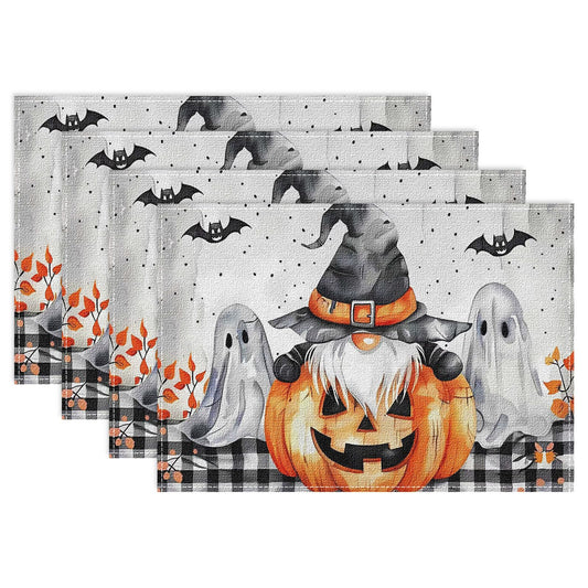 Niviy Buffalo Plaid Bat Ghost Pumpkins Halloween Placemats Set of 4, 12x18 Inch Horror Halloween Table Mats for Holiday Party Kitchen Dining Room Decoration
