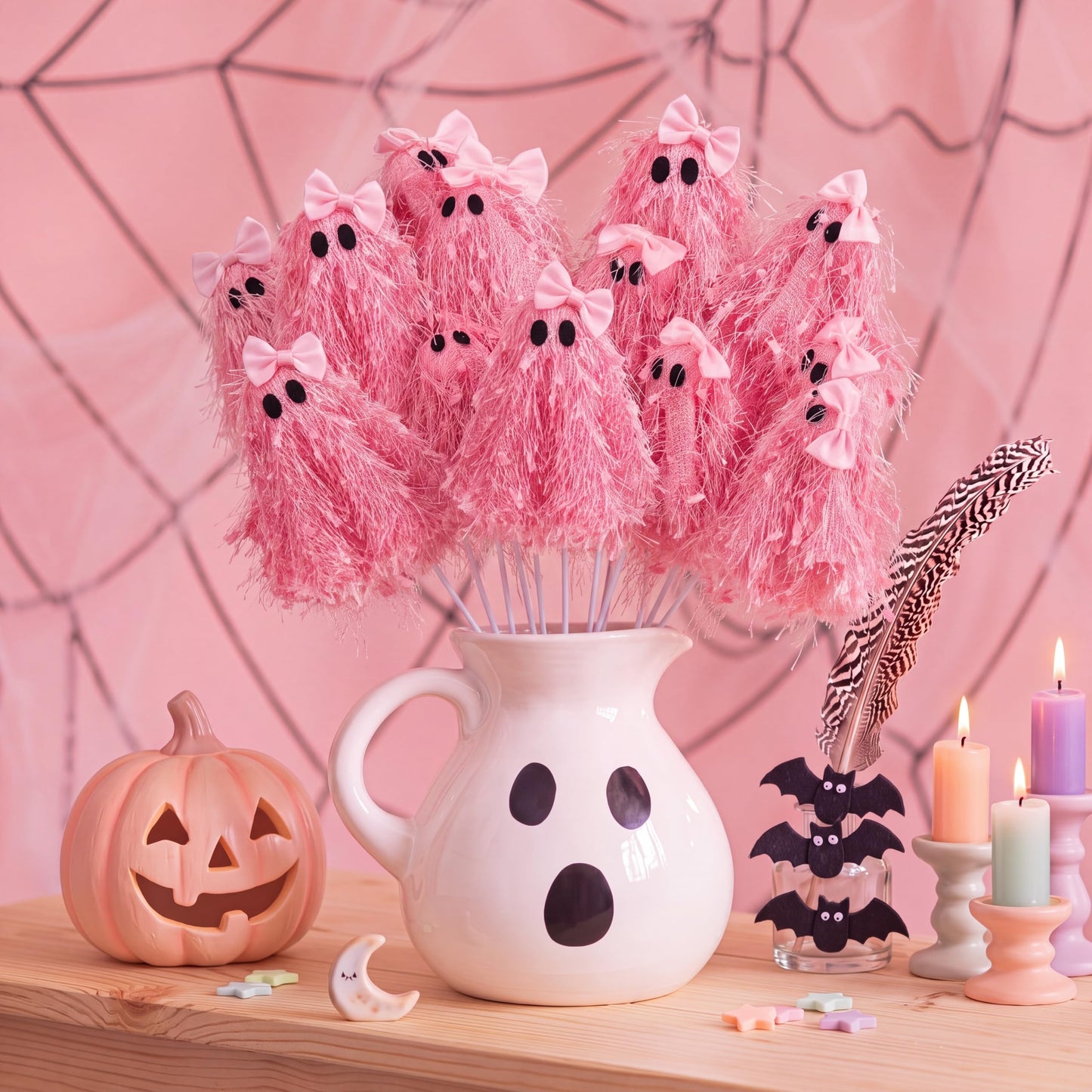Suncalla 12 Pcs 12 Inch Halloween Spooky Ghosts Stems Glitter Ghost Picks with Tassel Gothic Halloween Tree Picks Floral Decor for Vase Floral Arrangements Table Centerpieces Decorations(Pink)