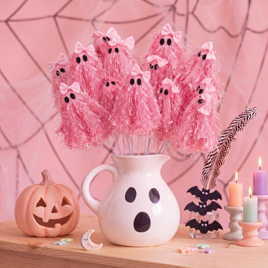 Suncalla 12 Pcs 12 Inch Halloween Spooky Ghosts Stems Glitter Ghost Picks with Tassel Gothic Halloween Tree Picks Floral Decor for Vase Floral Arrangements Table Centerpieces Decorations(Pink)