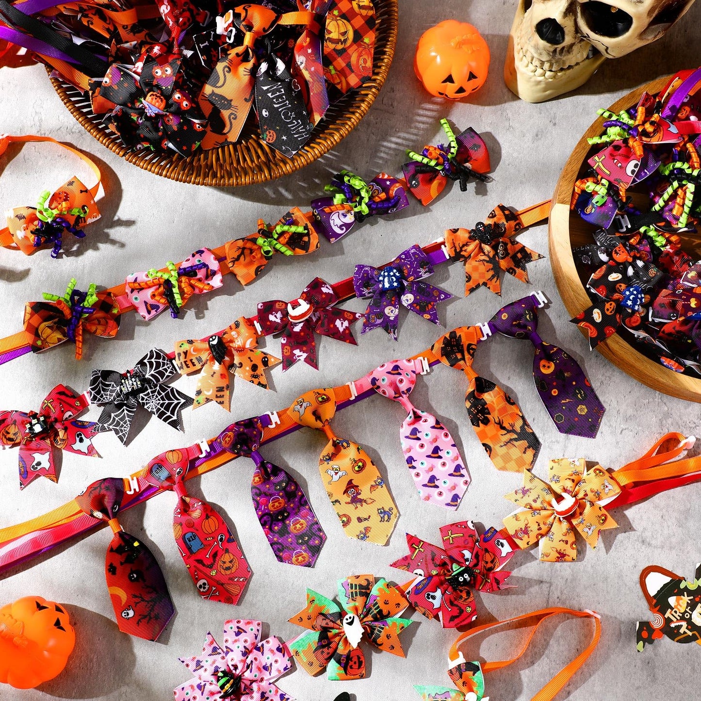 Huhumy 100 Pcs Halloween Dog Bow Tie Collar Bulk Pet Bow Tie Adjustable Dog Bowties Neckties Collars for Small Medium Pet Supply(Halloween)
