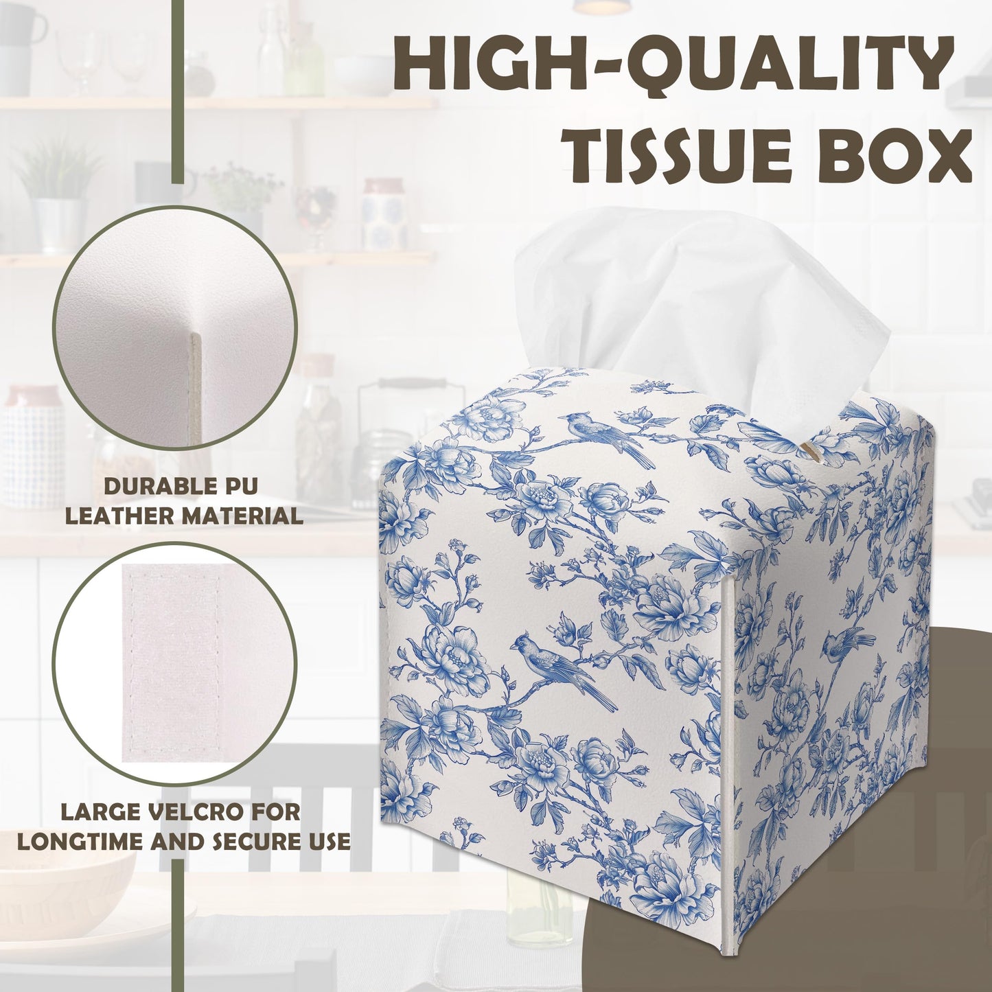 Blue Flower and Bird Decorative Square Leather Tissue Box Cover - Tissue Holder Gifts for Women and Friends on Birthday Housewarming Home Decor Decorative for Bathroom Kitchen Office Car - A08
