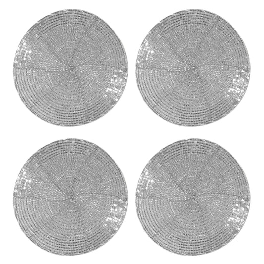 Silver Coasters Set of 4,Handmade Beaded Bar Drink Tabletop Protection Coasters - Halloween Harvest Autumn Fall Thanksgiving Holiday Christmas Xmas Celebration Festive Party 4" Round - Silver
