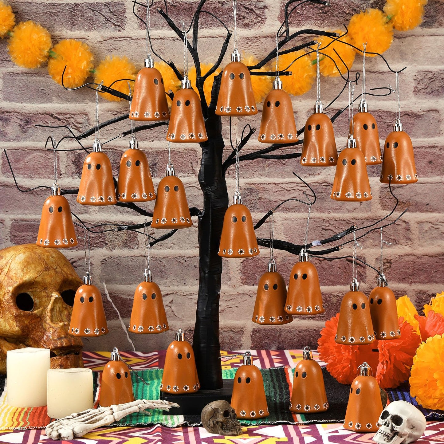 Simgoing 24 Pcs Day of The Dead Mexican Hanging Ghost Ornaments for Tree Dia De Los Muertos Halloween Small Ghost Tree Decorations Terracotta Flower Rustic Home Office Party Christmas Wreath Decor