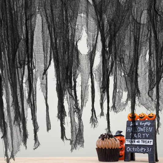 Watayo 500 x 59 Inch Halloween Spooky Cloth, Black Large Size Halloween Scary Creepy Cloth, Windows Doorways Cover Gauze for Haunted House Yard Horror Themed Party Decorations