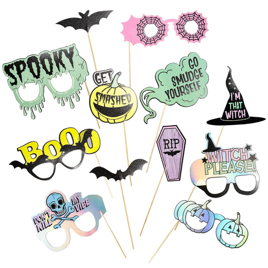 Cheerland Pastel Summerween Photo Booth Props Colorful Cute Pastel Selfie Accessories Summerween Photo Booth Themed Halloween Party Decoration Supplies Spooky Scary Birthday Prop Kits For Photos 12pcs