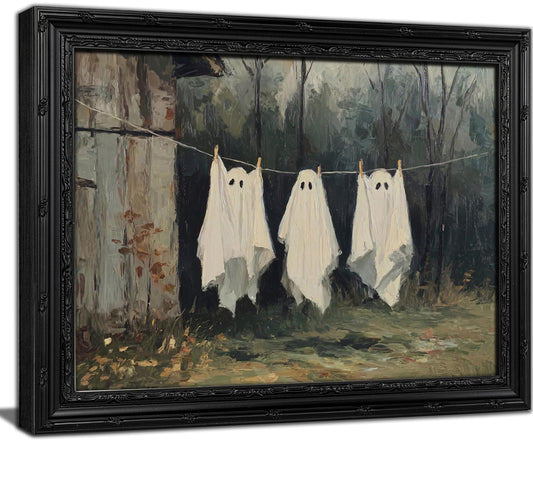 KKP Vintage Ghost Laundry Framed Wall Art, Funny Ghost on Clothesline Canvas Print, Cottagecore Goth Halloween Decor, Retro Oil Painting Spooky Wall Art, Dark Academia Moody Ghost Art 9x11in