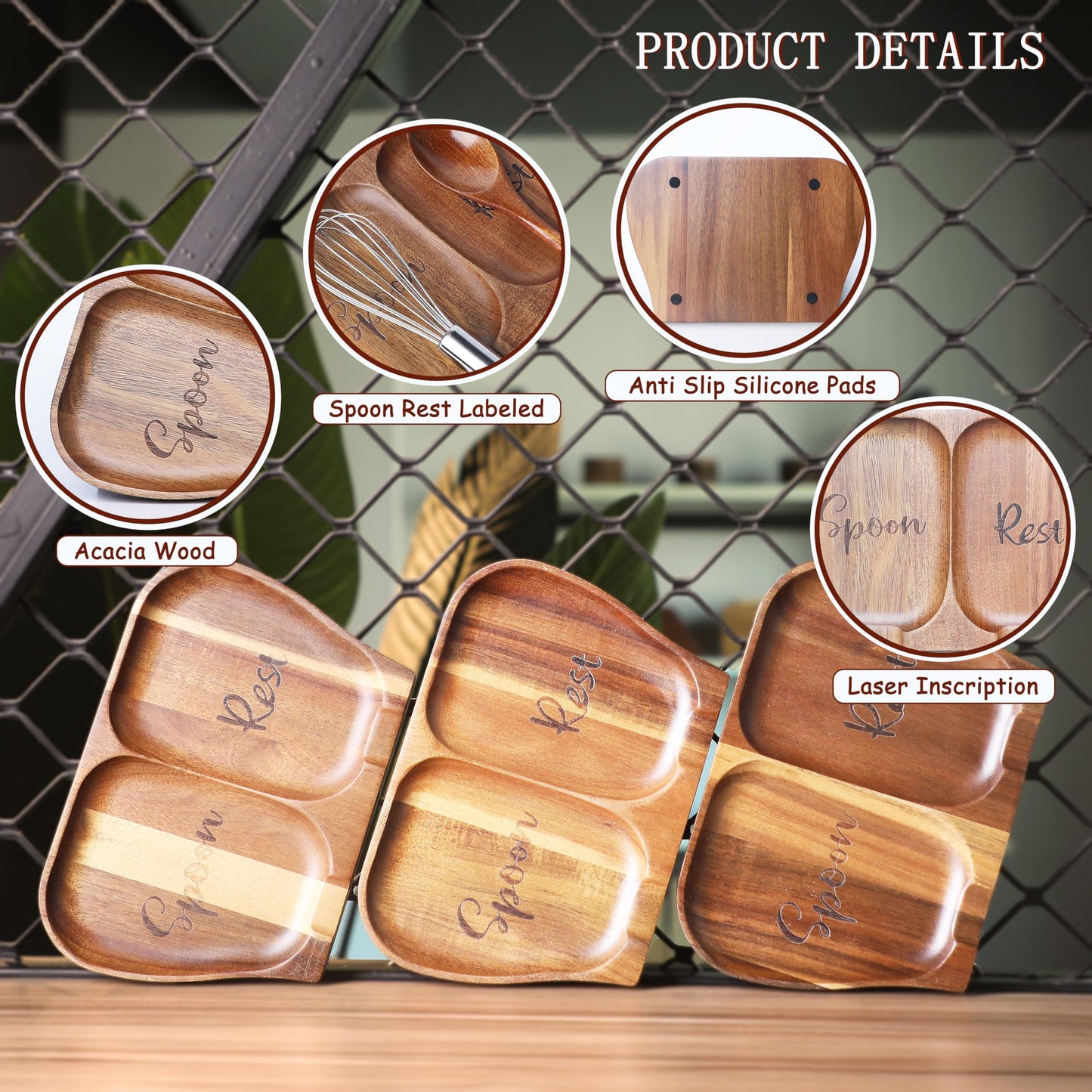 NOOETAH Large Acacia Wood Spoon Rest, Double Wooden Spoon Holder With Non Slip Silicone Feet, Handmade Kitchen Rest for Kitchen Countertop, Brown Labeled "Spoon Rest"