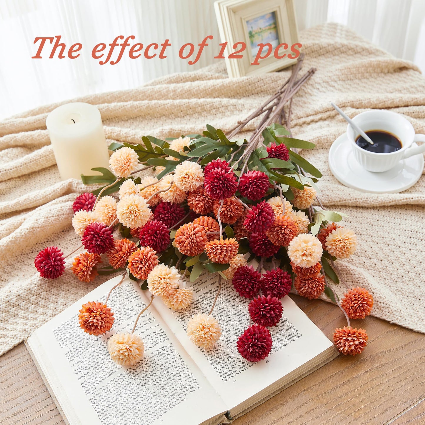 SITUMEIZI Faux Silk Pompon Mum Artificial Burnt Orange Flowers Fake Mini Chrysanthemum Flowers Mums 6Pcs for Home Party Wedding Decorations