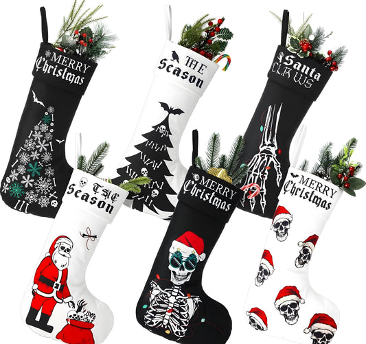 Kinlop 6 Pcs Black and White Gothic Christmas Stocking 17 Inches Goth Xmas Stockings Skeleton Hand Santa Claus Hanging Ornament for Christmas Tree Candy Gift Storage Bags Holiday Fireplace Party Decor