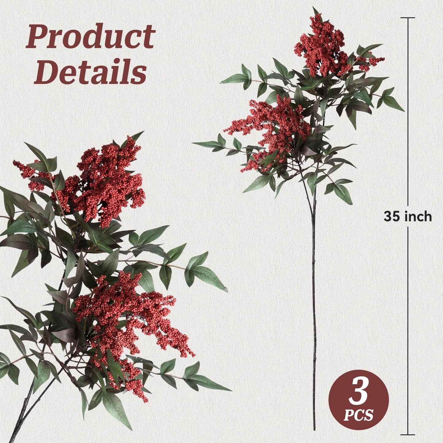 FancyPlus Artificial Flowers 35 Inch Artificial Nandina Berry Stem 3 Pcs Faux Flowers for Vase Realistic Sedum Spray for DIY Bouquet, Shower, Farmhouse, Mantel, Home Decor(Burgundy)