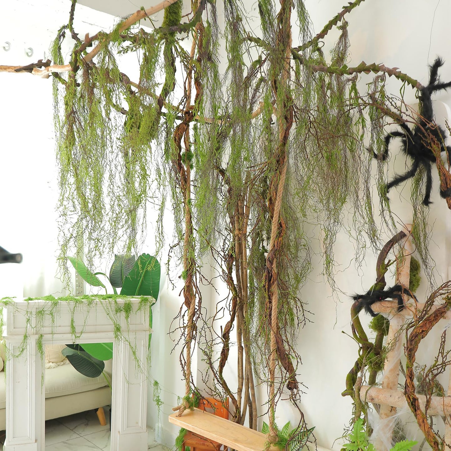 63Inch Realistic Bendable Curly Weeping Willow Branches Tree Vine Swags Wood Twigs Crafts Moss Greenery Garland Creepy Jungle Vines for Halloween Wall Hanging Outdoor Mantel Ceiling Swing Decoration