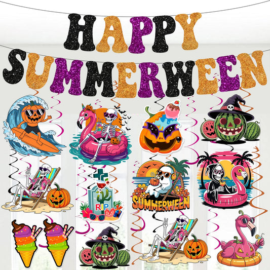 Happy Summerween Banner with Hanging Swirls Summer Halloween Party Decorations, Hawaii Halloween Tropical Summerween Ceiling Swirls Banner Party Decorations