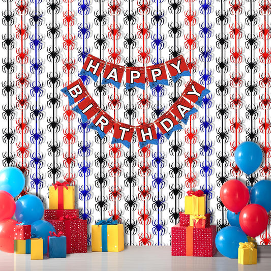 OQOQ Spider Birthday Decorations, 1 Set Banner & 2 Pcs Red Black Blue Spider Tinsel Foil Fringe Curtains Backdrops (3.3x6.6 ft), Large Birthday Photo Booth Props Indoor Party Boy Room Decor