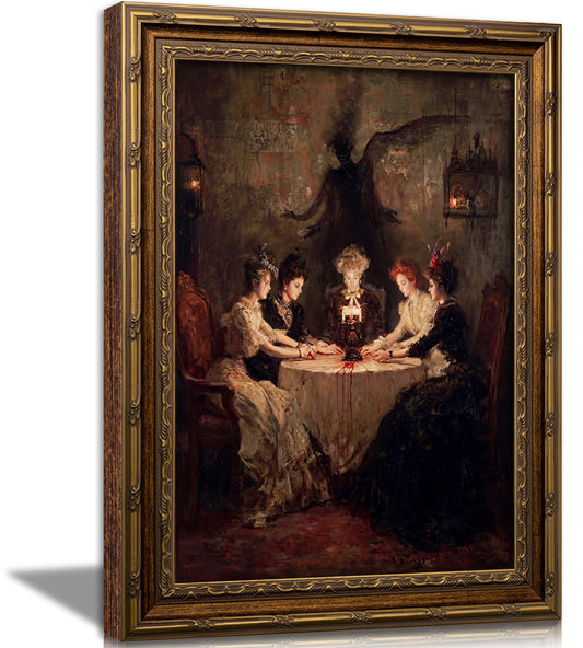 Vintage Gold Framed Gothic Wall Art, Victorian Seance Witch Oil Painting Canvas Prints, Dark Academia Halloween Wall Decor, Spooky Witchcraft Poster, Undead Ghosts Artwork for Bedroom Living Room