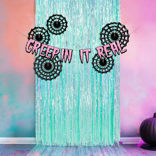 Cheerland Cyan Summerween Spider Web Backdrop Banner Party Decorations Pastel Foil Halloweeween Neon Curtain Streamers Cobweb Paper Fans Photobooth Background for Birthday Witch Cosplay Party Supplies
