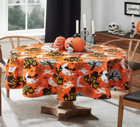 Newbridge Halloween Scream 60 x 84 Inch Oval Vinyl Tablecloth with Flannel Backing, Haunted House Ghost and Bat Design, Easy Care Wipe Clean Halloween Table Cover