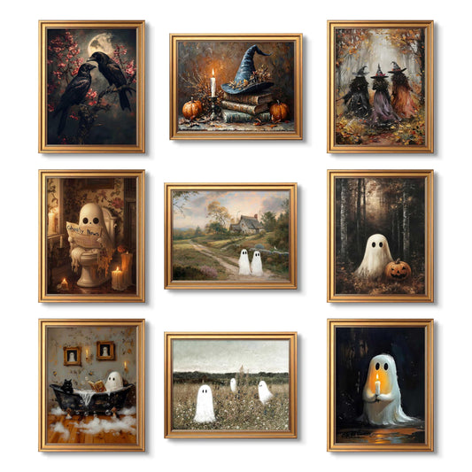 Halloween Wall Art Set of 9, Vintage Ghosts Halloween Wall Decor, Witch Ghost Art Canvas Prints, Rustic Farmhouse Halloween Posters for Living Room Bedroom Bathroom Home Decor 8x10 Inch Unframed