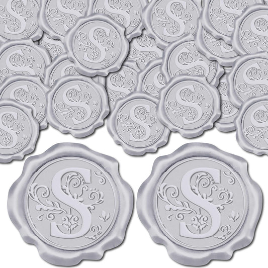 CRASPIRE 100pcs Initial S Wax Seal Stickers Silver Letter Alphabet Self Adhesive Seal Stickers Sealing Label Decal for Gift Wrapping Wedding Birthday Cards Making Christmas Invitations Envelope