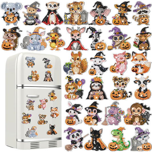 Xuhal 30 Pcs Halloween Diamond Painting Magnets Halloween Animal Diamond Art Magnet Kits for Adults Cute 5D Rhinestone Witch Hat Pumpkin Animal Refrigerator Magnetic Sticker for DIY Craft Fridge Gifts