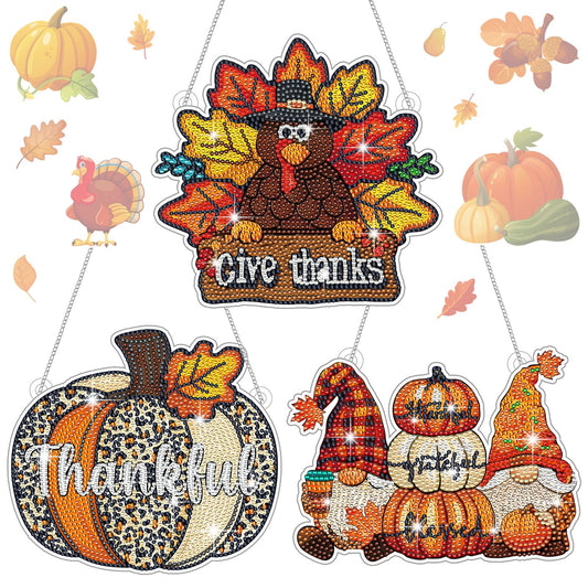 Yousoontic 3 Pcs Fall Door Decorations DIY Thanksgiving Diamond Painting Hanging Sign Thanksgiving Day Door Hanger Set Diamond Art Welcome Sign for Home Wall Front Party Supplies